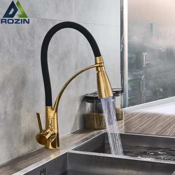 

Golden Kitchen Faucet LED Light Bathroom Kitchen Mixer Tap Pull Down Hot Cold Water Tap with Bracket Color Changing Spout