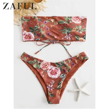 

ZAFUL Sexy Lady Lace-Up Leaf Floral Bandeau Bikini Set Swimwear Women Swimsuit Strapless Bikini 2019 Summer Beach Wear Biqiuni