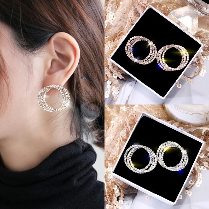 

Fashion Korean Shining Rhinestones Pearls Women Earrings Gold Silver Color Round Earrings Female Weddings Party Jewelry