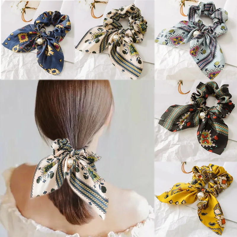 Flower Exquisite Beautiful Print Seaside Gifts Hair Rope Adjustable Pearl 5 Colors Valentines Gift Elastic 1PC Unique Bowknot