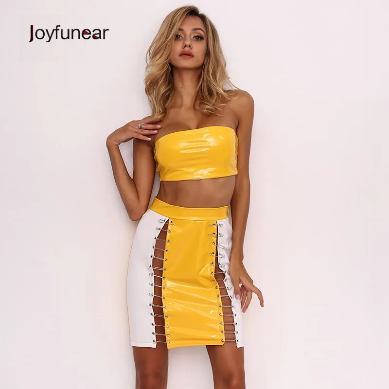 Joyfunear Yellow Crop Tops Bodycon Dresses Two Piece Set Women PU Leather Hollow Out Sexy 2 