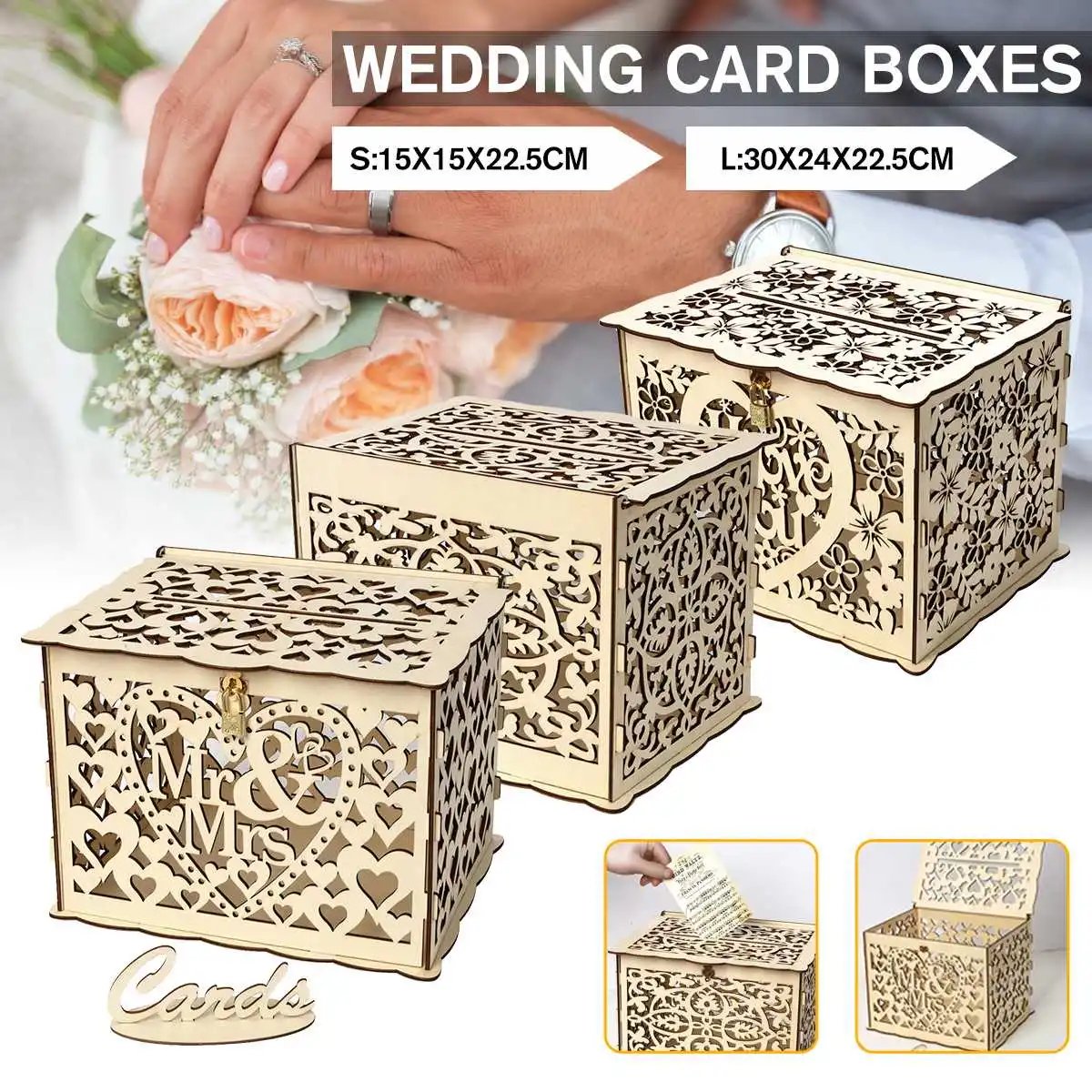 S M L Size Diy Wedding Gift Card Box Wooden Money Box With Lock