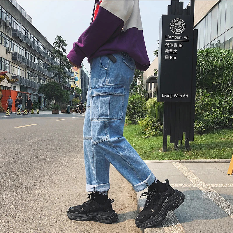 

2018 Men's Fashion Casual Blue Cowboy Pants Baggy Multi Pocket Jeans men Biker Denim Trousers S-2XL