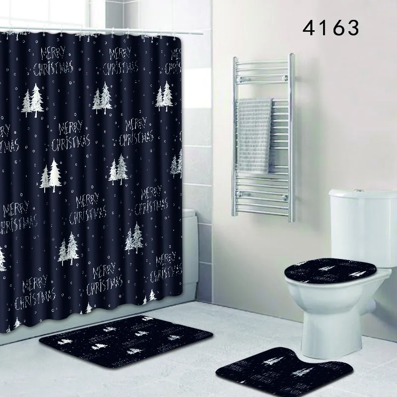 

Non Slip Toilet Cover Rugs Mat Set Flannel Bathroom Shower Curtain With 12 Hooks
