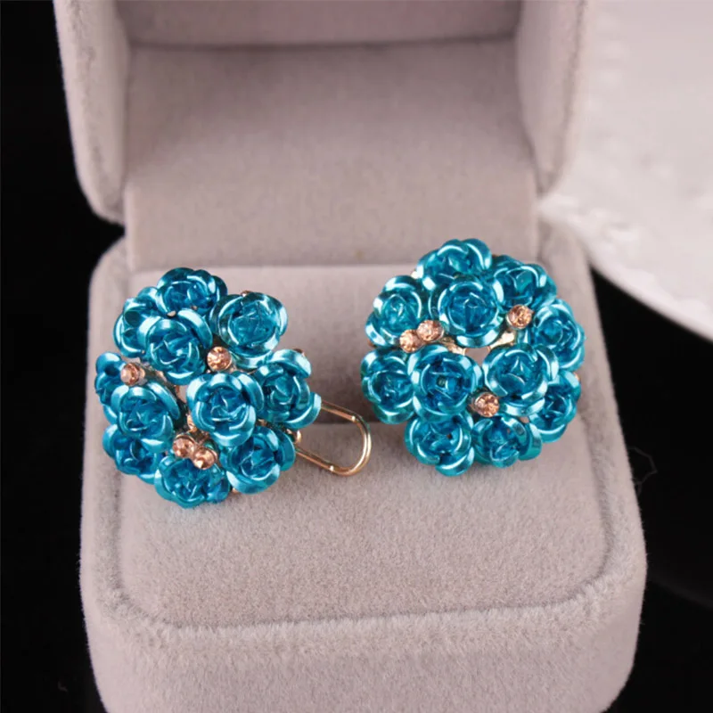 

Fashion New Blue Black Round Bouquet Crystal Rose Gold Wedding Flower Rhinestones Earrings For Women Jewelry
