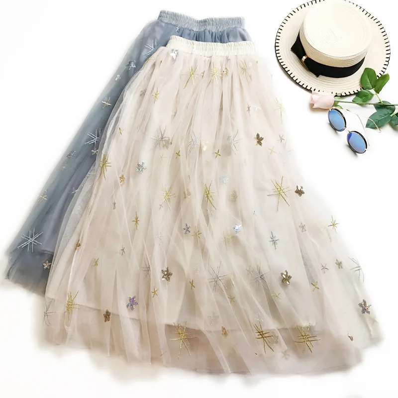 Sweet Embroidered Women High Waist Tulle Mesh Star Embroidery Pleated Floral Girls School Skirts Snowflake Printed | Женская одежда