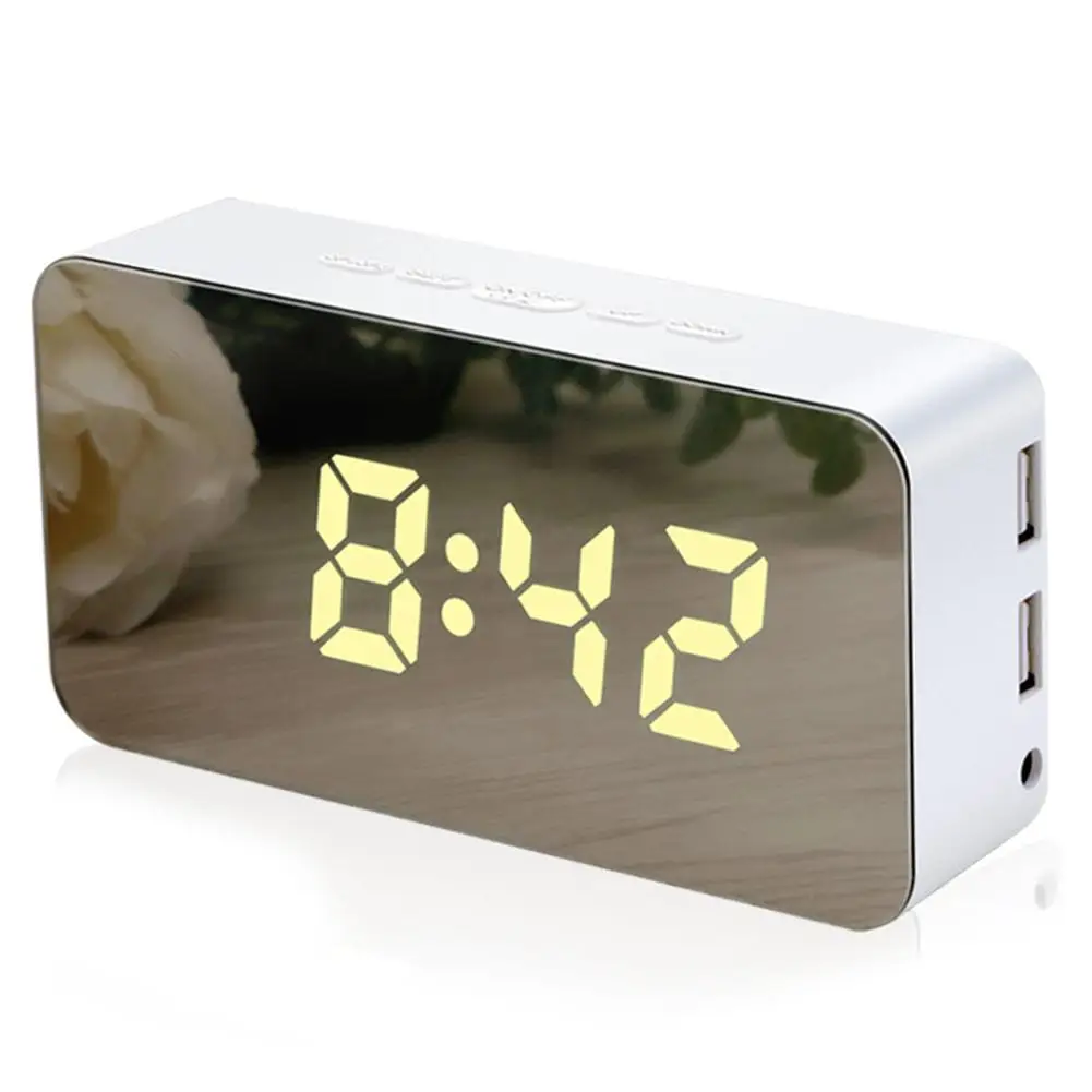 

Digital Mirror Clock Voice Control LED Alarm Clock Adjustable Brightness 2 USB Charging Ports Time Date Temperature Clock