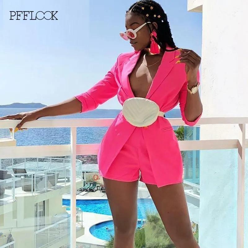 PFFLOOK 2019 однотонные Женский комплект 2 шт. летние костюмы Комбинезоны на пуговицах