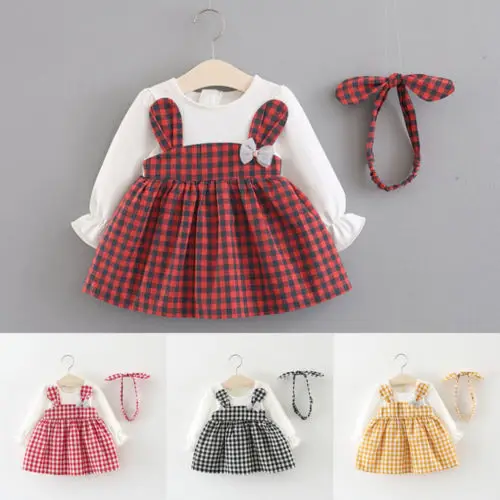 

Lovely Kids Baby Girls Clothes Rabbit Ear Long Sleeve A-Line Plaid Dress Set Casual Cute Girls Clothing Autumn Winter Outfits