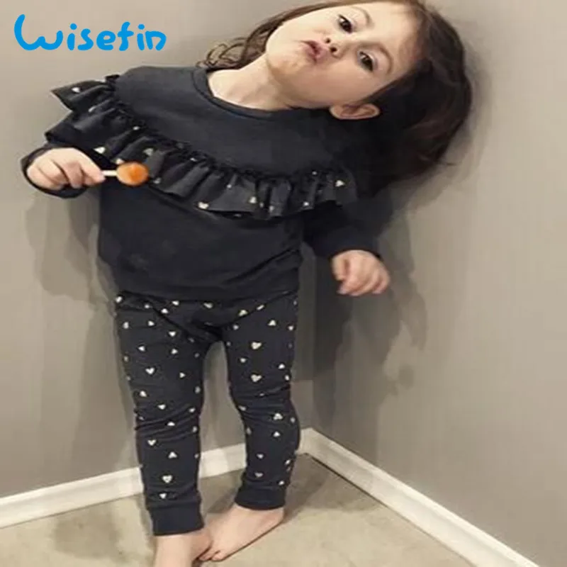 Wisefin Newborn Girl Clothing Set Dark Gray Fashion Baby Girl Outfit Long Sleeve Heart Print Infant Clothes Set Fall Winter