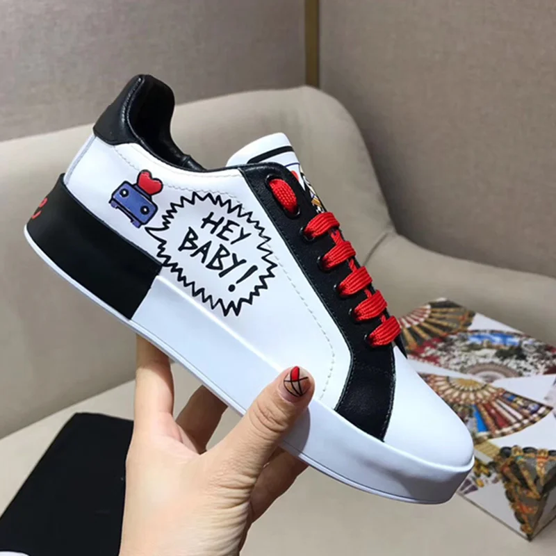 

Brand Designer Woman Flats Graffiti Leather Flats Women Lace Up White Women Shoe Sneakers Trendy Sapatos Feminino Fashion Shoes