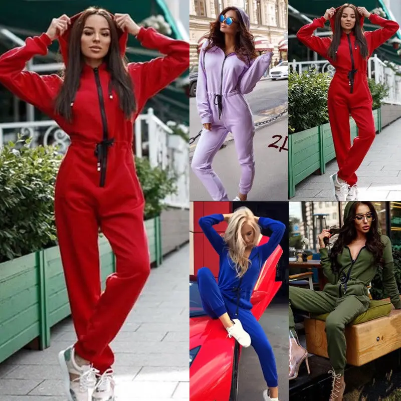 

Fashion Women's Daily Clothes Zipped Up Long Sleeve Hoodie Jumpsuit Casual Playsuit Long Pants Solid Gym