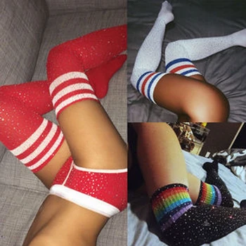 

Fashion Women New Knit Long Striped Rainbow Over Knee Thigh High School Girl Stockings NEW For Ladies