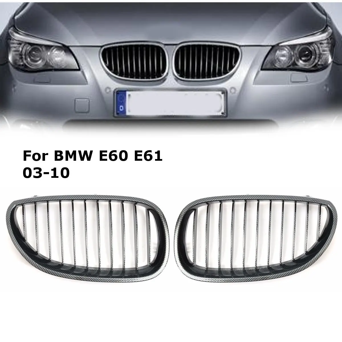 

2pcs Carbon Fiber Front Left + Right Center Bumper Grille For BMW E60 E61 2003-2010 4 door Saloon