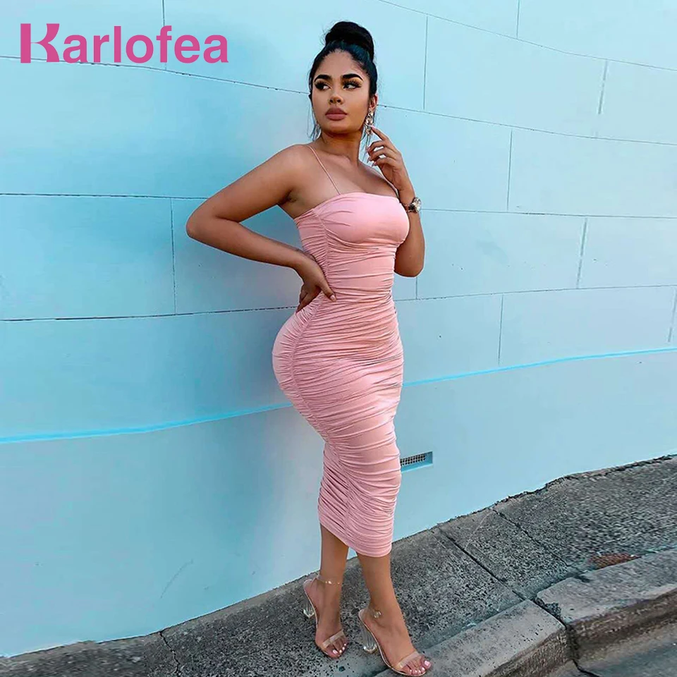 

Karlofea Women Fashion Ruched Strap Dress Sexy Club Party Mid-Calf Vestidos Summer Casual Slim Outfits Gown Bodycon Midi Dresses