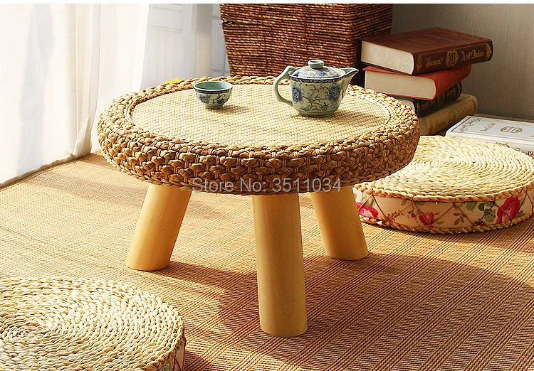 Asia style Japanese style Rattan Round Table Traditional Asian Furniture for balcony Living Room Low Floor Coffee Table Wooden