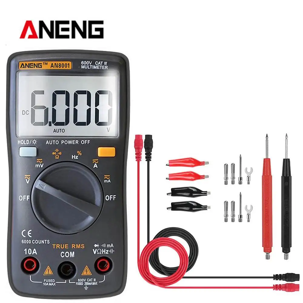 

ANENG AN8001 Black True RMS Digital Multimeter 6000 Count Backlight AC/DC Ammeter Voltmeter Resistance Frequency Tester+Lead Set