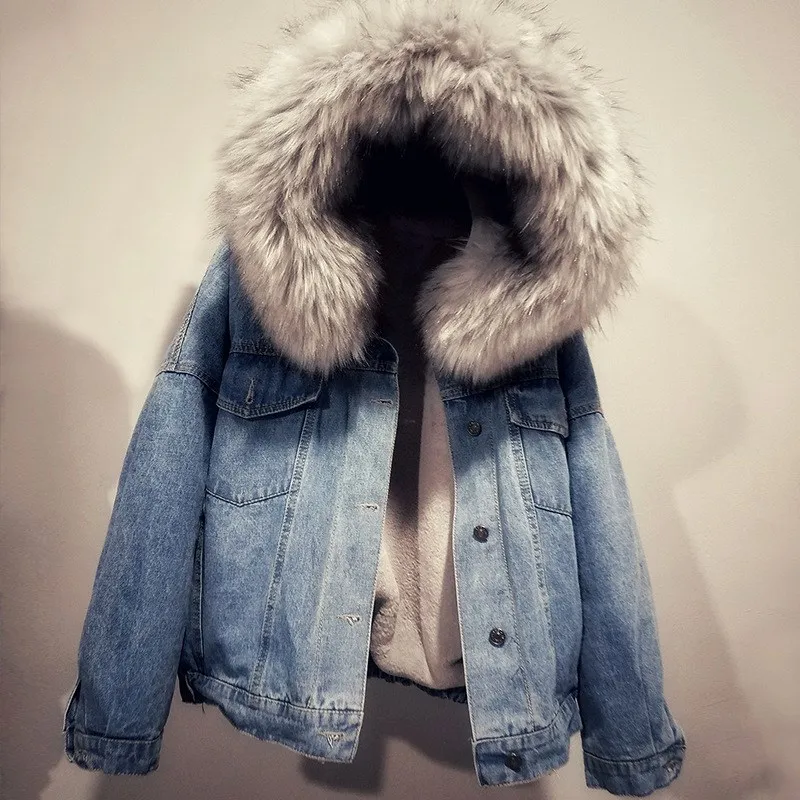 2019 New Women Thick Lambs Short Denim Coat Loose Autumn Hooded Fur Collar Jeans Jacket Pockets Casual Plush Loose Outerwear