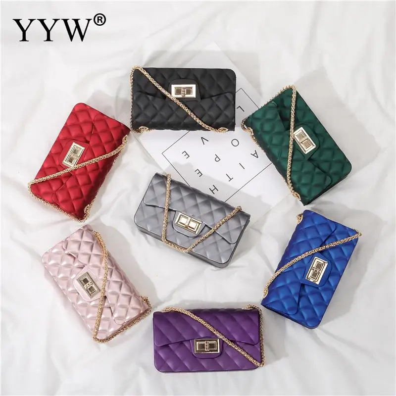 

Small Dull Polish Blue Rubber Jelly Crossbody Bag For Women 2019 Argyle Grid Gold Chain Shoulder Bag Women Purple Bolsa Feminina