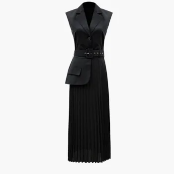 

LANMREM 2020 Summer new fashion clothes for women notched sleeveless Split Joint Pleated hemline False Two pieces Dress YG96201