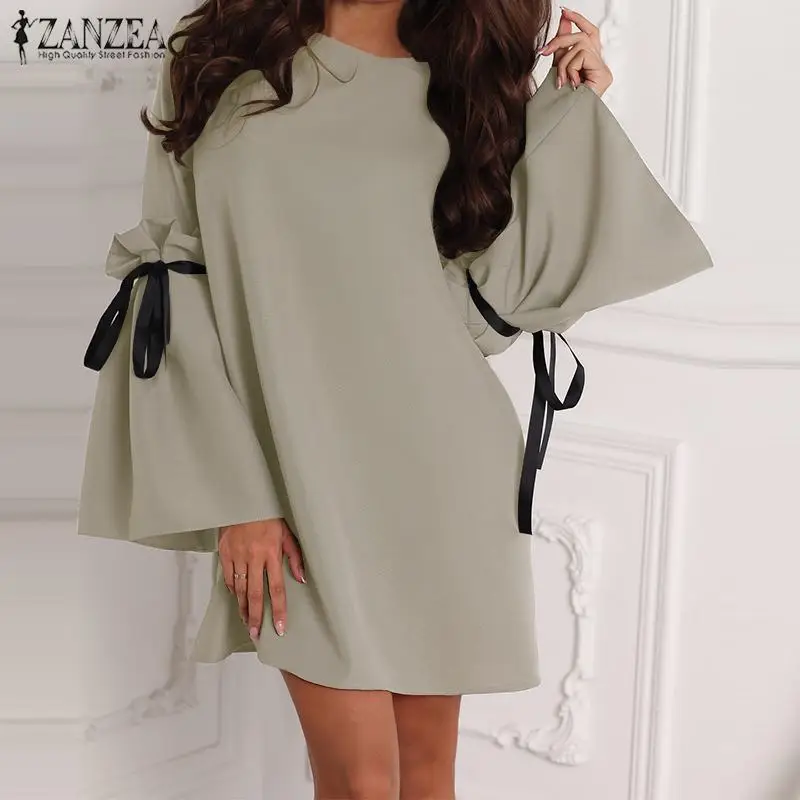 

Fashion ZANZEA Women Summer Mini Dress Casual Flare Sleeve Bow Tie Loose Solid Vestido Female Party Beach Sundress Plus Size