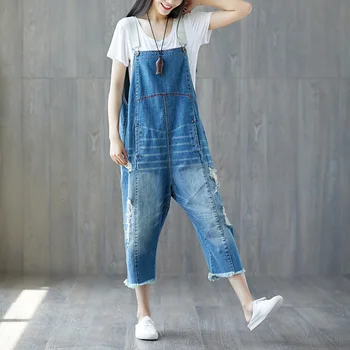 

2019 Baggy Jumpsuit Bleached Scratched Calf-length Pants Holes Ripped Bib Denim Rompers Boyfriend Harem Overalls tll019