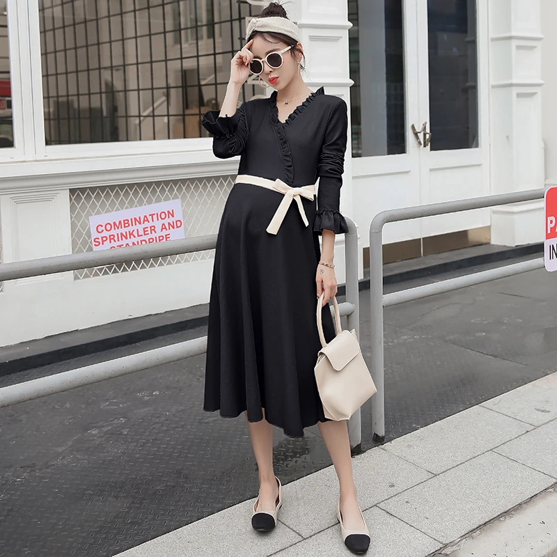

Wholesale pregnant women long sleeves loose v-neck nursing dress plus size maternity breastfeeding knitted dress lactation+belt