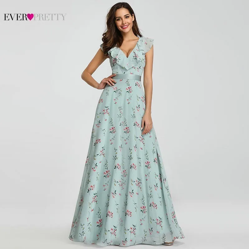 Длинные платья подружек невесты Ever Pretty v образным вырезом Печатный шифон