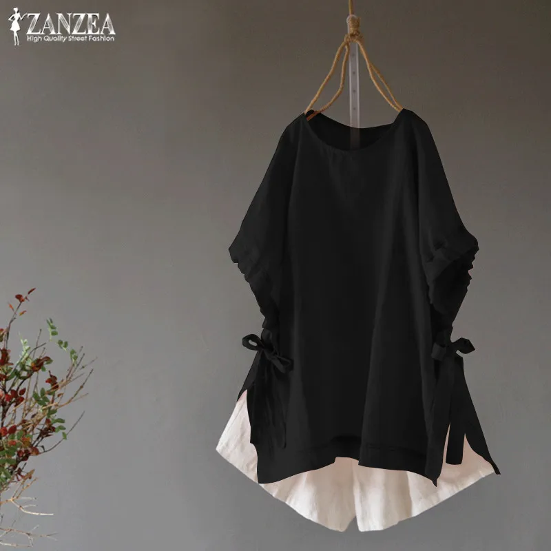 

Vintage Summer Tops Women Linen Blouse ZANZEA 2019 Batwing Half Sleeve Casual Blusas Female Bow Shirts Kaftan Tunic Tops 5XL Tee