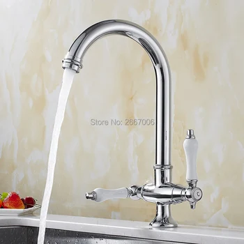 

GIZERO Newly Chrome Polished Kitchen Faucet Dual Handles Mixer Tap Brass Sink Faucet 360 Degree Rotation Kitchen Faucets GI2122