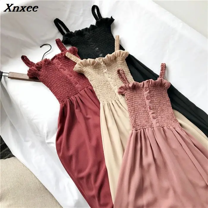 

New Summer Ladies Fashion Elastic Pleated Chest Wrap Chiffon Spaghetti Strapless Middle Dress Women Casual Sling Slip Dress
