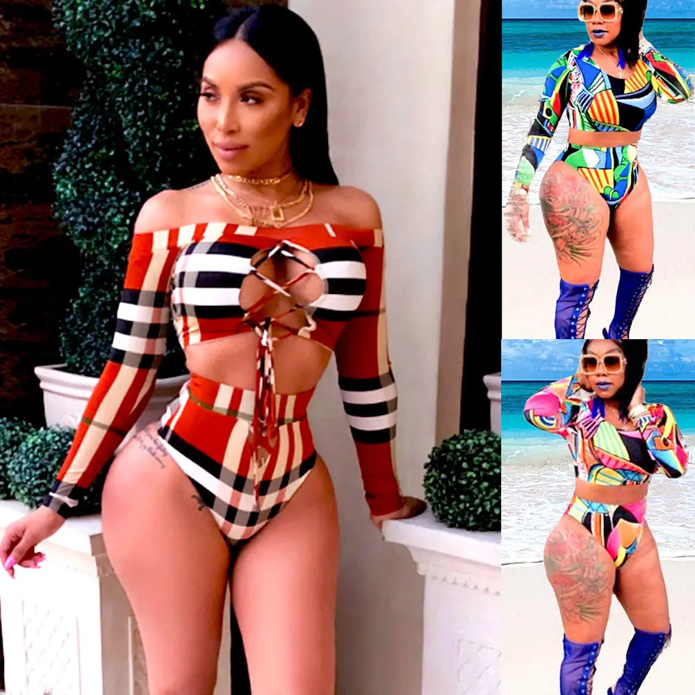 

Brand New 2019 Women Summer Push-up Padded Bra Bandage Striped Print Bikini Set Swimsuit High Waist Swimwear Bathing Suit