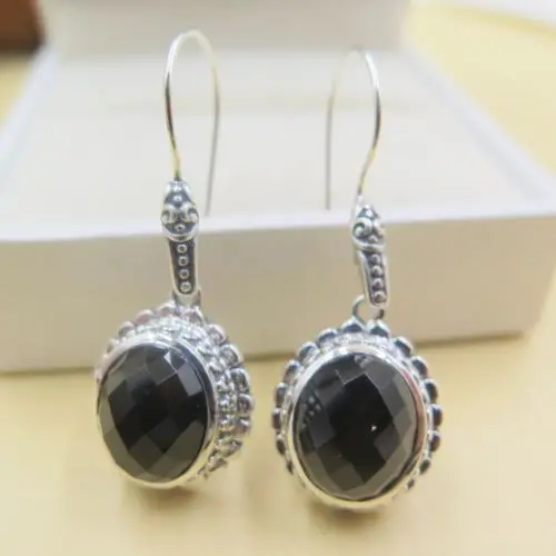 

Natural Black Agate Faced Ball with Solid 925 Sterling Silver Dangle Earrings