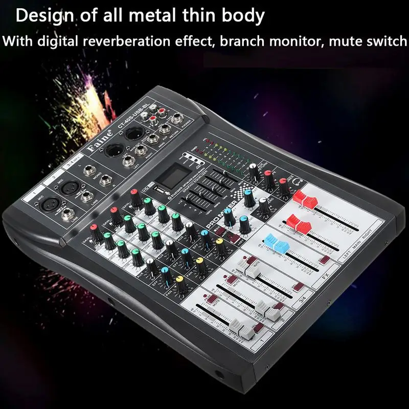 

LEORY 48V Phantom Power 4 Channel bluetooth Sound Audio Mixer Microphone Karaoke Mixing Amplifier Console With USB Professional