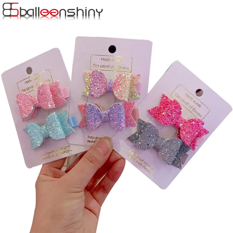 

BalleenShiny 2PCS Glitter Bling Bowknot Hairpins Set Baby Girls Fashion Shiny Princess Pink Hair Clip Headwear Accessories Gifts