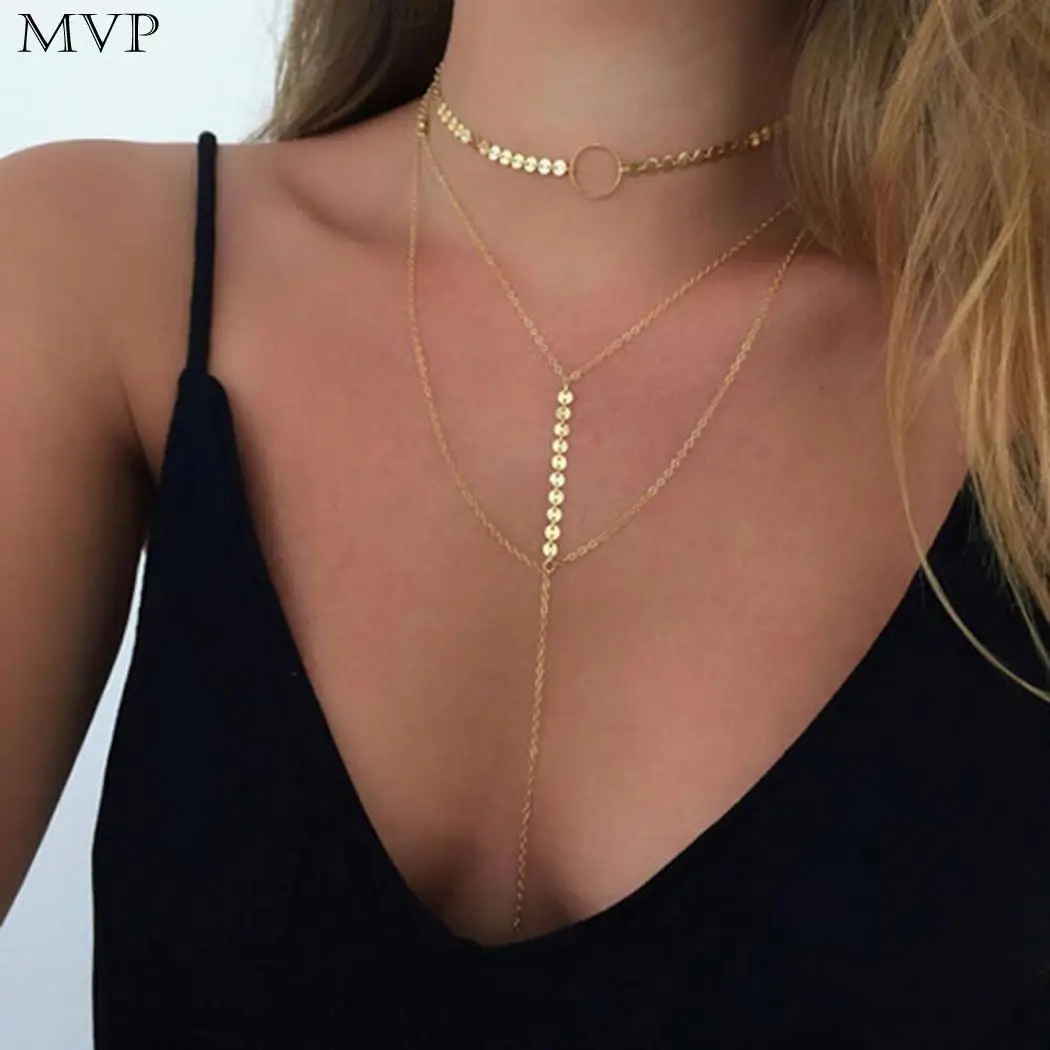 

Sequins Multi-layer Chain Necklace Link Women Sequins Tassel Fashion Casual Hasp Gold