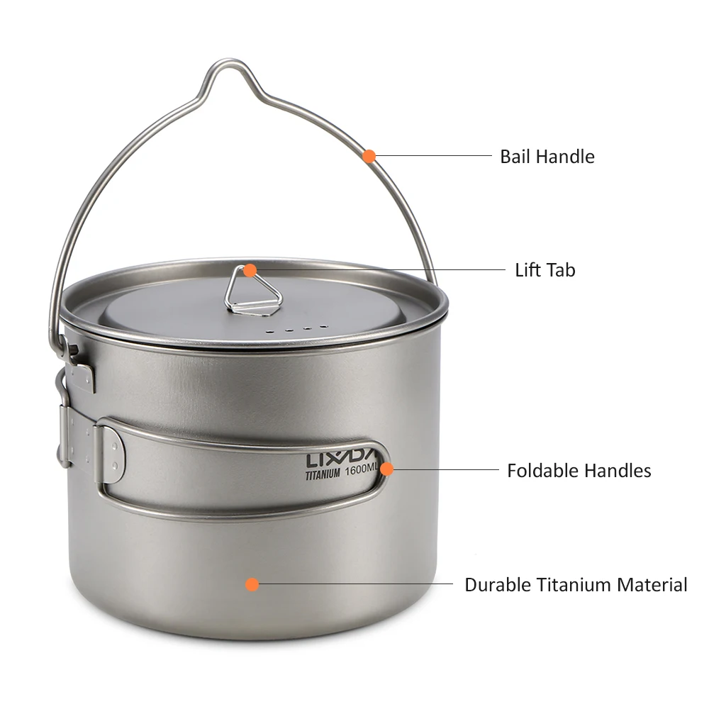 Lixada 900 ml/1600 ml de taza olla portátil ultraligero Copa colgante olla con tapa y mango plegable al aire libre camping de senderismo