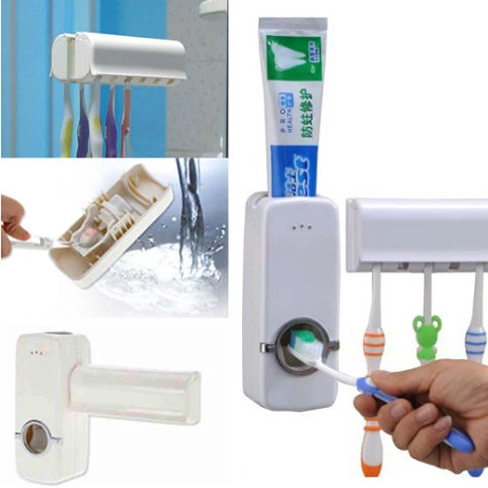 Auto Automatic Toothpaste Dispenser 5 Toothbrush Holder Set Wall Mount Stand