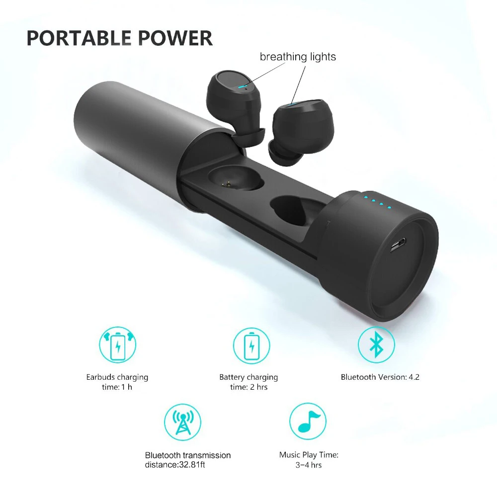 

Cylindrical Mini TWS Wireless Bluetooth 4.2 Waterproof Sport Earphones Portable Stereo Music headphone With Charging Box headset