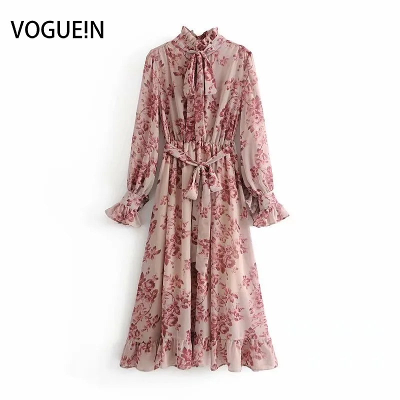 VOGUEIN Новое Женское Плиссированное шифоновое платье с длинным рукавом поясом и