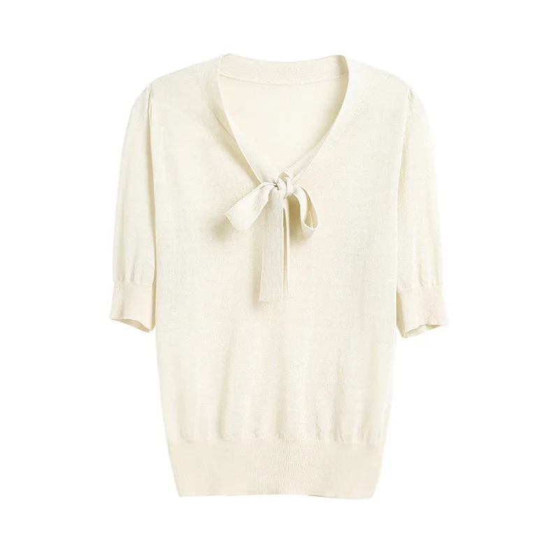 Knitting shirt woman light weight fabrics knitted shirt 93%Wool half sleeve bow sweater shirt women spring and summer 1913 Knitting shirt woman light weight fabrics knitted shirt 93%Wool half sleeve bow sweater shirt women spring and summer 1913