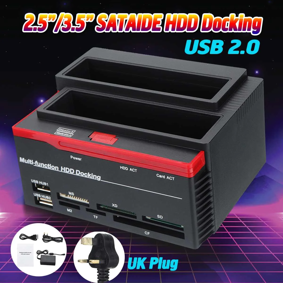 

USB 2.0 Multi-function 2.5/3.5 Inch External Dual SATA IDE HDD Hard Drive Docking Clone Card Reader UK PLUG
