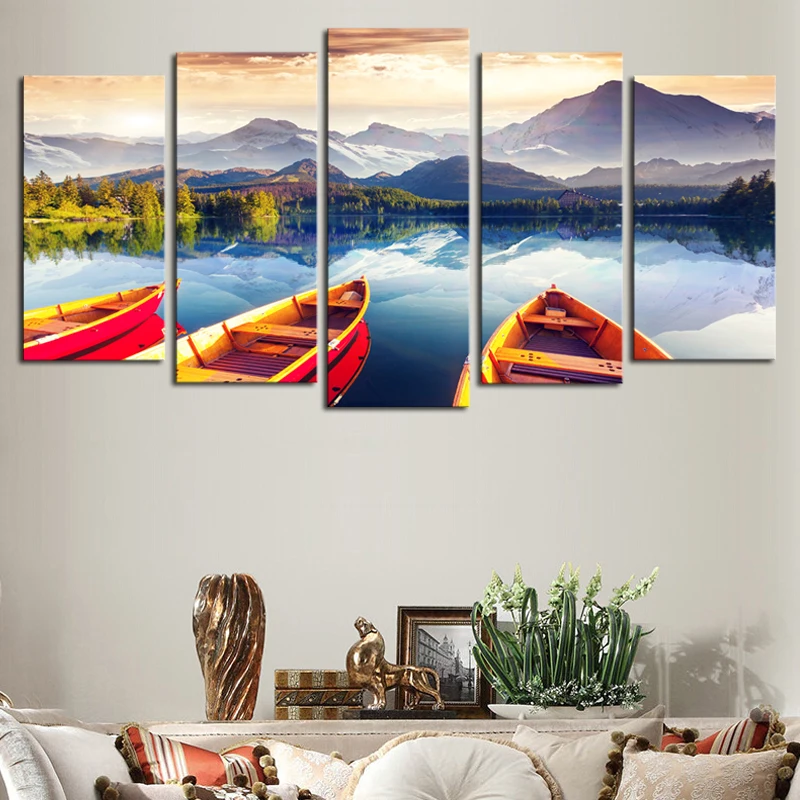 

HD Print Modular Picture Frame Canvas 5 Panel Beautiful Boats Sea Mountain Natural Landscape Painting Home Wall Art Decor .
