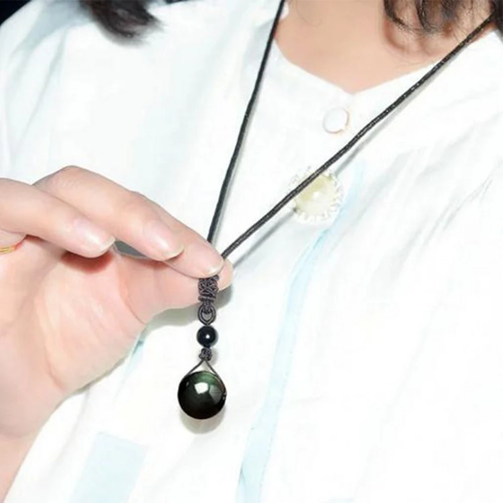 Natural Obsidian Pendants Rainbow Eye Good Luck Bead Pendant Woman Long Chain Necklaces Knitted Harajuku Necklace Crystal Ball