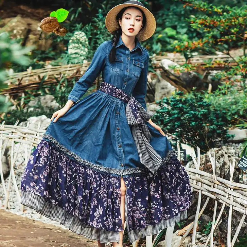 Linea Nuove Blu Lunghi Lolita Autunno Una Retro Dell'annata Cascading Vestiti Donne Vestito Di Stampa Donna Floreale Cuciture Denim Stile Increspato w8rqUw