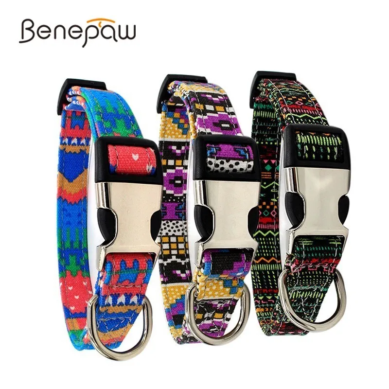 

Benepaw Bohemia Adjustable Collar For Dogs Double Layer Canvas Pet Collar Print Small Medium Large Dog Collar Metal Buckle 2019
