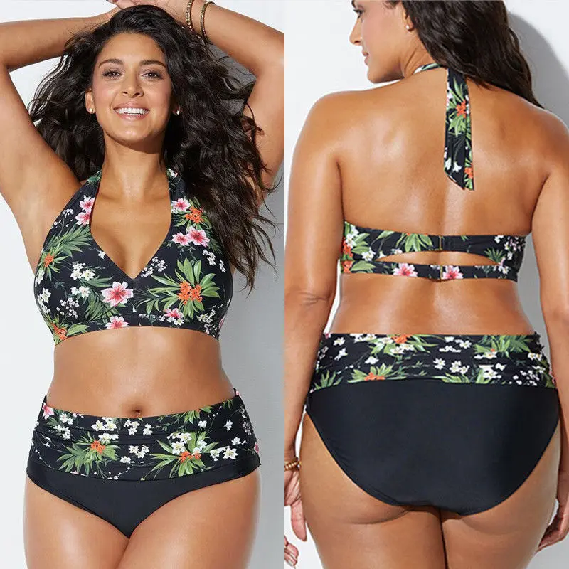 

2019 Women High Waist Bathing Suit Floral Print Bikinis Set Women Padded Plus Size Swimwear Big Size Halter Bathing Suit