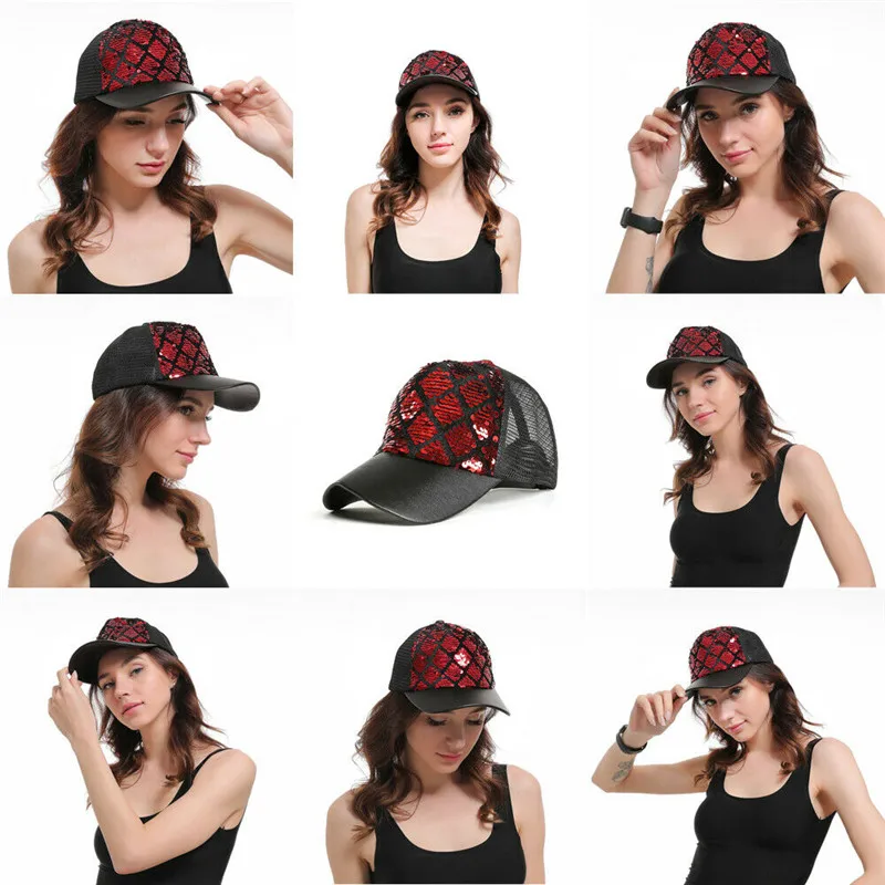 

Ladies hat ponytail adjustable baseball cap geometric pattern sequins shiny messy bun hat sun hat