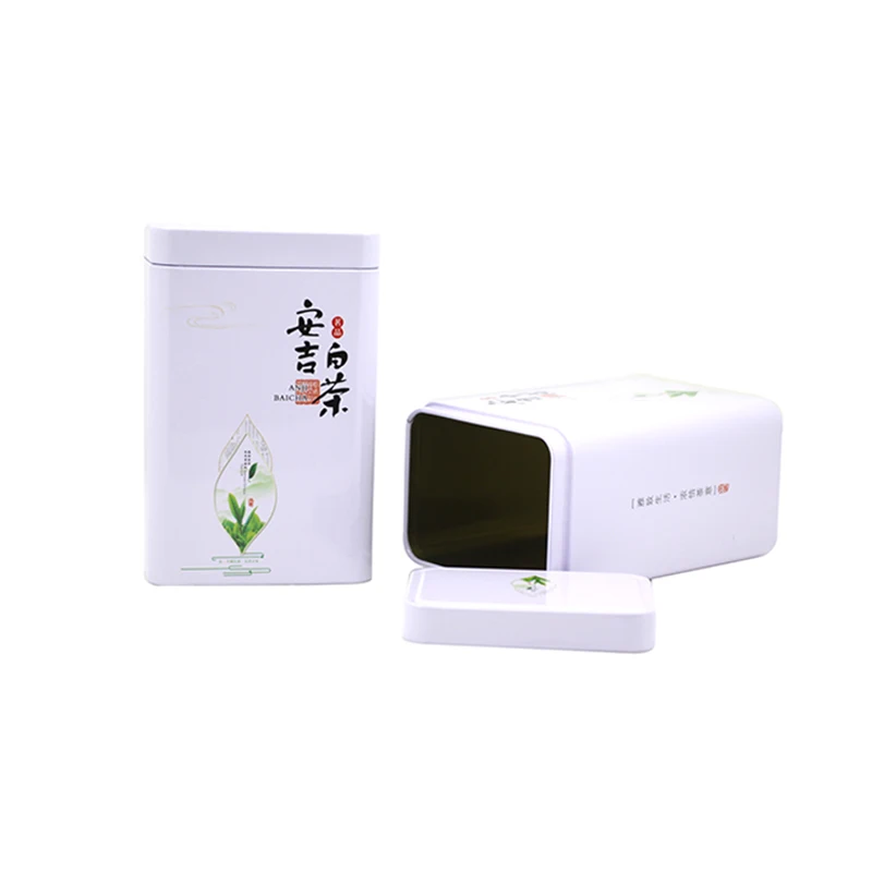 

Xin Jia Yi Packaging Tea Metal Tin Box White Glossy Color Decorative Hinged Lid Tea Tin box Wholesale Organizer Metal Tin Cans
