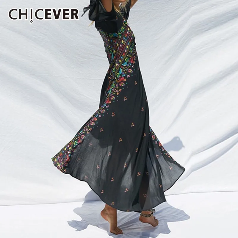 

CHICEVER Spring Bohemian Hit Color Print Dress For Women V Neck Three Quarter Puff Sleeve A-line Ankle-length Dresses 2019 New
